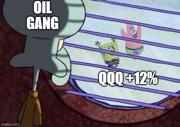 Squidward window | OIL GANG; QQQ +12% | image tagged in squidward window | made w/ Imgflip meme maker