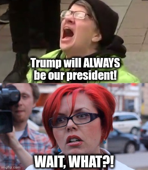 WAIT, WHAT?! Trump will ALWAYS be our president! | image tagged in screaming liberal,angry feminist | made w/ Imgflip meme maker