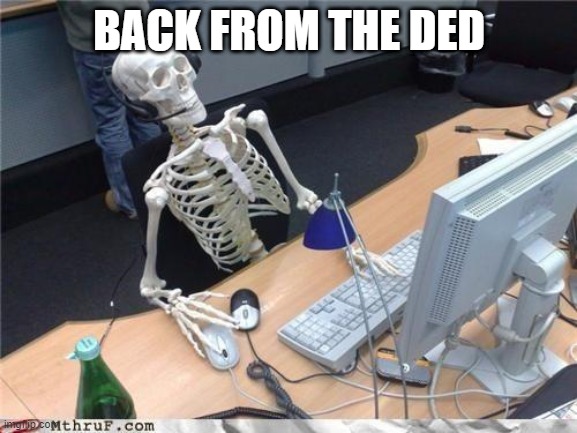 dadadadada | BACK FROM THE DED | image tagged in waiting skeleton | made w/ Imgflip meme maker