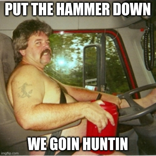 my favorite memes are replies to other memes | PUT THE HAMMER DOWN; WE GOIN HUNTIN | image tagged in trucker,fun,hitjob | made w/ Imgflip meme maker