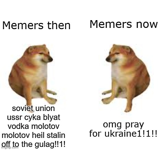 double cheems | Memers then; Memers now; soviet union ussr cyka blyat vodka molotov molotov heil stalin off to the gulag!!1! omg pray for ukraine1!1!! | image tagged in memes,funny,ukraine,russia,soviet union | made w/ Imgflip meme maker