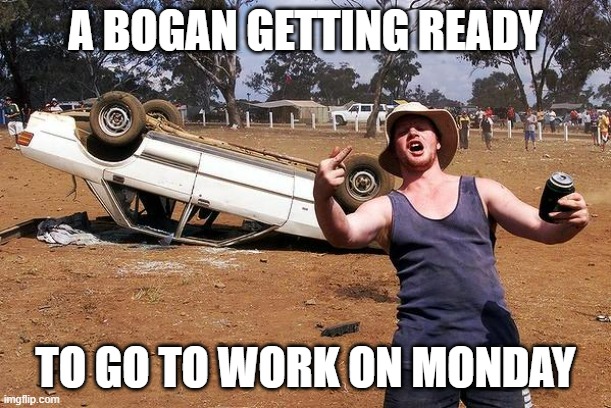bogan | A BOGAN GETTING READY; TO GO TO WORK ON MONDAY | image tagged in bogan | made w/ Imgflip meme maker