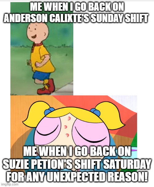 Caillou is happy on Anderson's Sunday shift as Bubbles refuses on Suzie's Saturday shift angrily! | ME WHEN I GO BACK ON ANDERSON CALIXTE'S SUNDAY SHIFT; ME WHEN I GO BACK ON SUZIE PETION'S SHIFT SATURDAY FOR ANY UNEXPECTED REASON! | image tagged in home alone,queen elizabeth,horrible | made w/ Imgflip meme maker