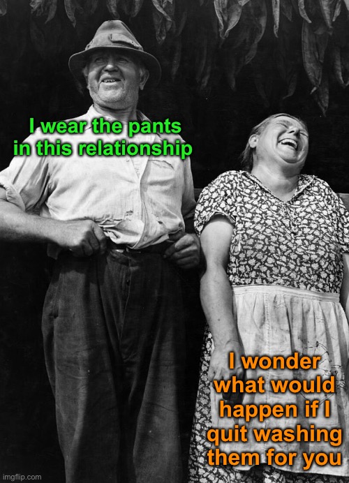 I wear the pants in this relationship I wonder what would happen if I quit washing them for you | made w/ Imgflip meme maker