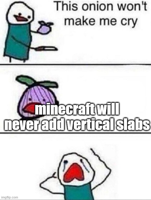 NOOOOO! |  minecraft will never add vertical slabs | image tagged in this onion wont make me cry | made w/ Imgflip meme maker
