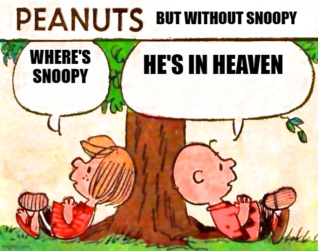 Snoopy is dead |  BUT WITHOUT SNOOPY; WHERE'S SNOOPY; HE'S IN HEAVEN | image tagged in peanuts charlie brown peppermint patty | made w/ Imgflip meme maker