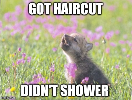 Baby Insanity Wolf | GOT HAIRCUT DIDN'T SHOWER | image tagged in memes,baby insanity wolf,AdviceAnimals | made w/ Imgflip meme maker