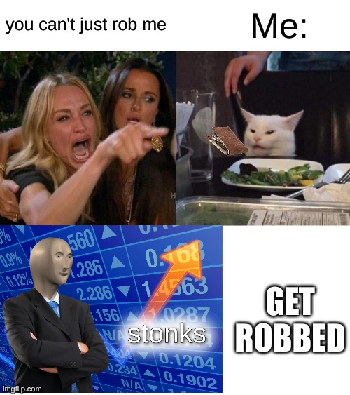 Get ROBBED! | you can't just rob me; Me:; GET ROBBED | image tagged in memes,woman yelling at cat,stonks,funny memes,robbed | made w/ Imgflip meme maker