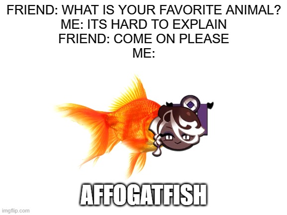 AFFOGATFISH | FRIEND: WHAT IS YOUR FAVORITE ANIMAL?
ME: ITS HARD TO EXPLAIN
FRIEND: COME ON PLEASE
ME:; AFFOGATFISH | image tagged in memes,gaming,funny | made w/ Imgflip meme maker