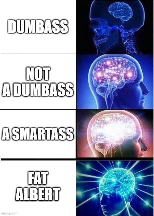 Expanding Brain | DUMBASS; NOT A DUMBASS; A SMARTASS; FAT ALBERT | image tagged in memes,expanding brain | made w/ Imgflip meme maker