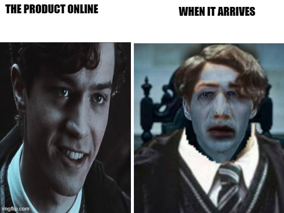 The Product online vs when it arrives tom riddle fun meme | THE PRODUCT ONLINE; WHEN IT ARRIVES | image tagged in funny memes | made w/ Imgflip meme maker