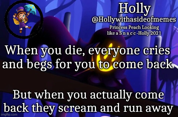 Smh | When you die, everyone cries and begs for you to come back; But when you actually come back they scream and run away | image tagged in holly snatcher template | made w/ Imgflip meme maker