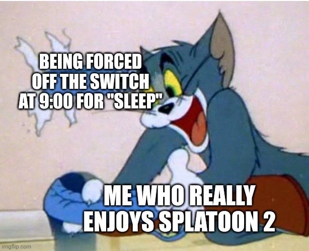 The Sleep thing is just a bullshit excuse, I can easily get sleep regardless | BEING FORCED OFF THE SWITCH AT 9:00 FOR "SLEEP"; ME WHO REALLY ENJOYS SPLATOON 2 | image tagged in tom and jerry | made w/ Imgflip meme maker