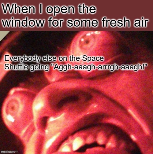 Sorry it's derivative but I put my own spin on it eh? |  When I open the window for some fresh air; Everybody else on the Space Shuttle going "Aggh-aaagh-arrrgh-aaagh!" | image tagged in unsettled ahnold,memes,space shuttle,arnold schwarzenegger | made w/ Imgflip meme maker