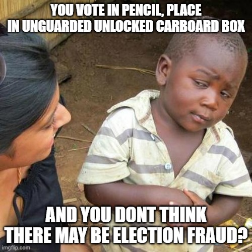 Third World Skeptical Kid | YOU VOTE IN PENCIL, PLACE IN UNGUARDED UNLOCKED CARBOARD BOX; AND YOU DONT THINK THERE MAY BE ELECTION FRAUD? | image tagged in memes,third world skeptical kid | made w/ Imgflip meme maker