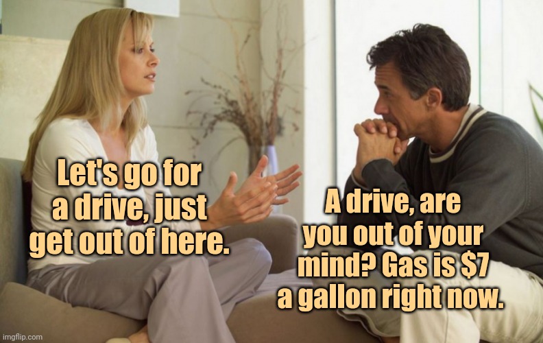 We're staying in. | Let's go for a drive, just get out of here. A drive, are you out of your mind? Gas is $7 a gallon right now. | image tagged in couple talking | made w/ Imgflip meme maker