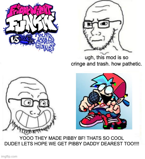 what on earth has happened to this community man | ugh, this mod is so cringe and trash. how pathetic. YOOO THEY MADE PIBBY BF! THATS SO COOL DUDE!! LETS HOPE WE GET PIBBY DADDY DEAREST TOO!!!! | image tagged in so true wojak,friday night funkin | made w/ Imgflip meme maker