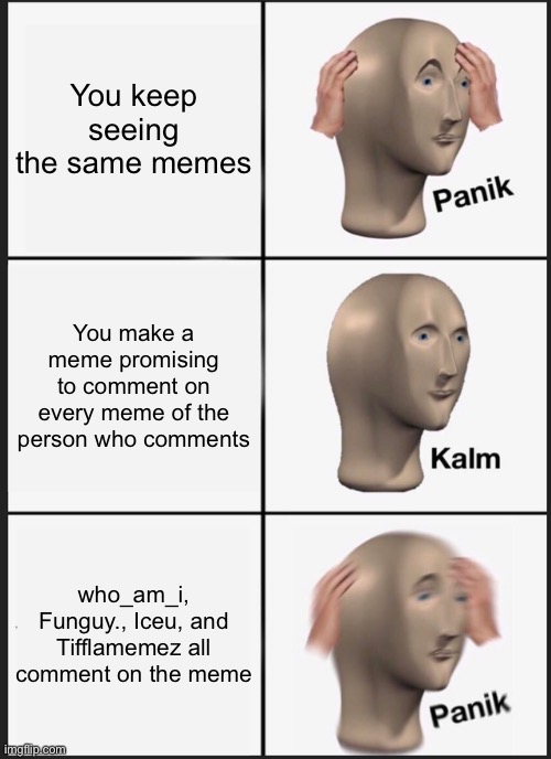 Fortunately not a true story | You keep seeing the same memes; You make a meme promising to comment on every meme of the person who comments; who_am_i, Funguy., Iceu, and Tifflamemez all comment on the meme | image tagged in memes,panik kalm panik,who am i,funguy,et certera | made w/ Imgflip meme maker