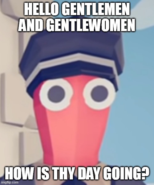 TABS Stare | HELLO GENTLEMEN AND GENTLEWOMEN; HOW IS THY DAY GOING? | image tagged in tabs stare | made w/ Imgflip meme maker