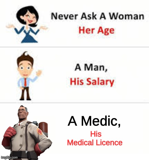 Medic's dont have licence | A Medic, His Medical Licence | image tagged in never ask a woman her age,tf2 medic meme | made w/ Imgflip meme maker