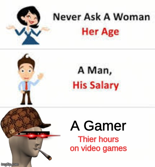 Never ask a woman her age | A Gamer Thier hours on video games | image tagged in never ask a woman her age | made w/ Imgflip meme maker