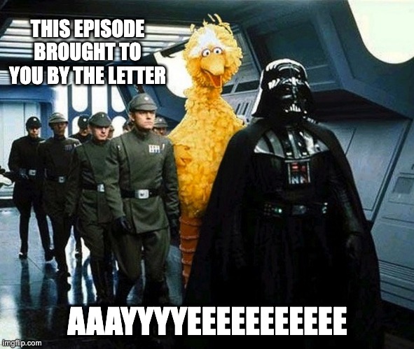 vader big bird | THIS EPISODE BROUGHT TO YOU BY THE LETTER; AAAYYYYEEEEEEEEEEE | image tagged in vader big bird | made w/ Imgflip meme maker
