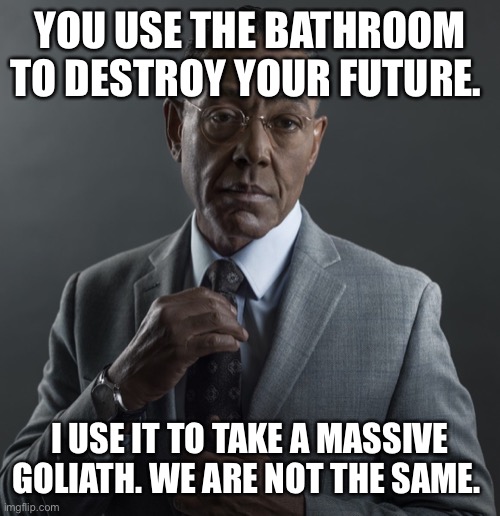 Gus Fridge | YOU USE THE BATHROOM TO DESTROY YOUR FUTURE. I USE IT TO TAKE A MASSIVE GOLIATH. WE ARE NOT THE SAME. | image tagged in breaking bad,bruh | made w/ Imgflip meme maker