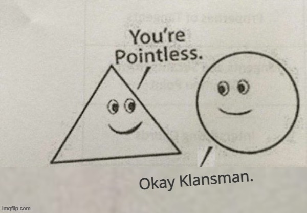 Can this be the new OK Boomer? | Okay Klansman. | image tagged in you're pointless blank,memes,klansman,ok boomer | made w/ Imgflip meme maker