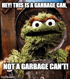 Oscar the Grouch | HEY! THIS IS A GARBAGE CAN, NOT A GARBAGE CAN'T! | image tagged in oscar the grouch | made w/ Imgflip meme maker