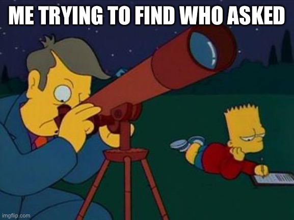 skinner telescope | ME TRYING TO FIND WHO ASKED | image tagged in skinner telescope | made w/ Imgflip meme maker