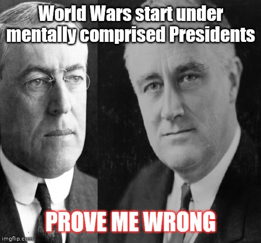 Call To Arms | World Wars start under mentally comprised Presidents; PROVE ME WRONG | image tagged in ww and fdr,sucker,i believe i can fly,freedom | made w/ Imgflip meme maker