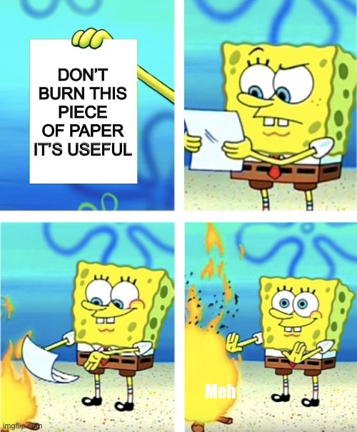 Spongebob Burning Paper | DON’T BURN THIS PIECE OF PAPER IT’S USEFUL; Meh | image tagged in spongebob burning paper | made w/ Imgflip meme maker