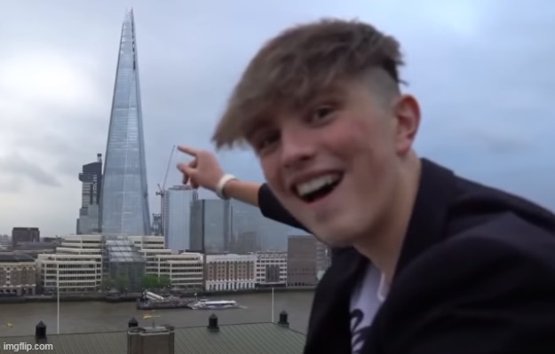 Give this context | image tagged in morgz pointing a building | made w/ Imgflip meme maker