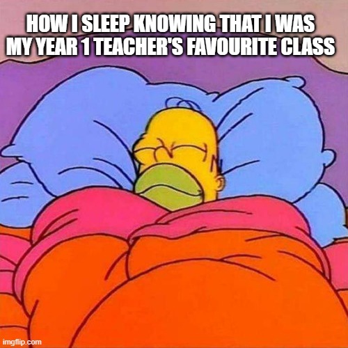 Year 2, 3 and 4 as well | HOW I SLEEP KNOWING THAT I WAS MY YEAR 1 TEACHER'S FAVOURITE CLASS | image tagged in homer napping | made w/ Imgflip meme maker