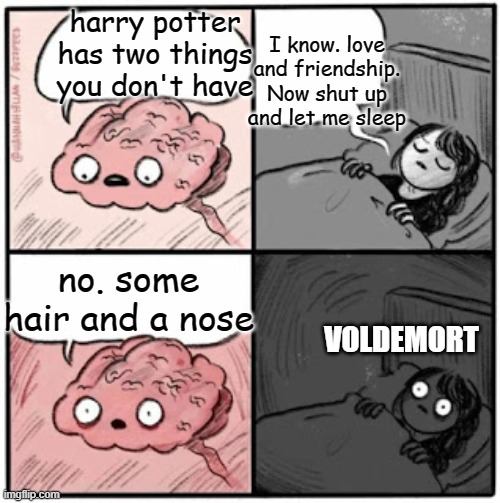 lol voldemort has no nose | I know. love and friendship. Now shut up and let me sleep; harry potter has two things you don't have; no. some hair and a nose; VOLDEMORT | image tagged in brain before sleep | made w/ Imgflip meme maker