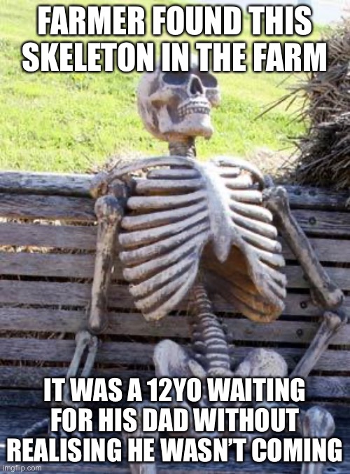 Waiting Skeleton | FARMER FOUND THIS SKELETON IN THE FARM; IT WAS A 12YO WAITING FOR HIS DAD WITHOUT REALISING HE WASN’T COMING | image tagged in memes,waiting skeleton | made w/ Imgflip meme maker