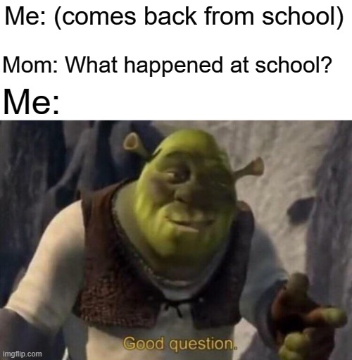 trying to remember | Me: (comes back from school); Mom: What happened at school? Me: | image tagged in shrek good question,trying to remember | made w/ Imgflip meme maker