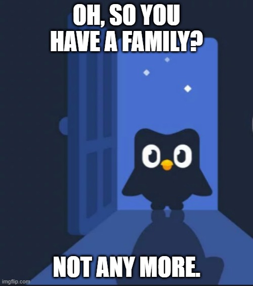 Go away, I have 69, 420 guns in the underground booth | OH, SO YOU HAVE A FAMILY? NOT ANY MORE. | image tagged in duolingo bird,duolingo | made w/ Imgflip meme maker
