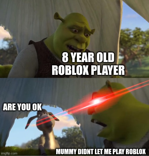 roblox kid mad | 8 YEAR OLD ROBLOX PLAYER; ARE YOU OK; MUMMY DIDNT LET ME PLAY ROBLOX | image tagged in shrek for five minutes | made w/ Imgflip meme maker
