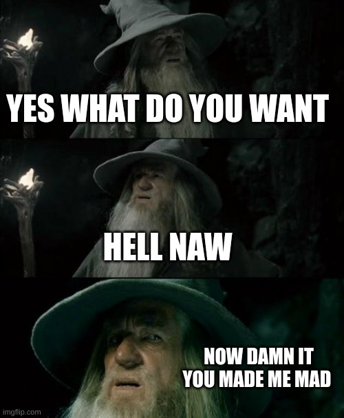 mad gandalf | YES WHAT DO YOU WANT; HELL NAW; NOW DAMN IT YOU MADE ME MAD | image tagged in memes,confused gandalf | made w/ Imgflip meme maker
