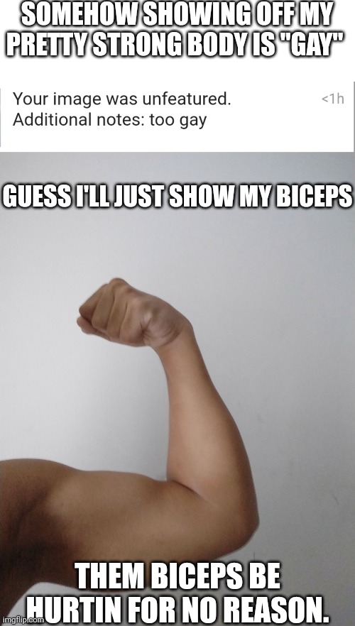 SOMEHOW SHOWING OFF MY PRETTY STRONG BODY IS "GAY"; GUESS I'LL JUST SHOW MY BICEPS; THEM BICEPS BE HURTIN FOR NO REASON. | made w/ Imgflip meme maker
