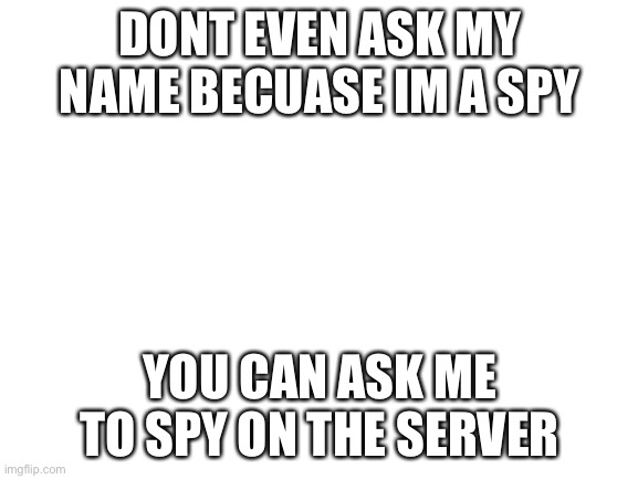 Blank White Template | DONT EVEN ASK MY NAME BECUASE IM A SPY; YOU CAN ASK ME TO SPY ON THE SERVER | image tagged in blank white template,spy,anti furry | made w/ Imgflip meme maker