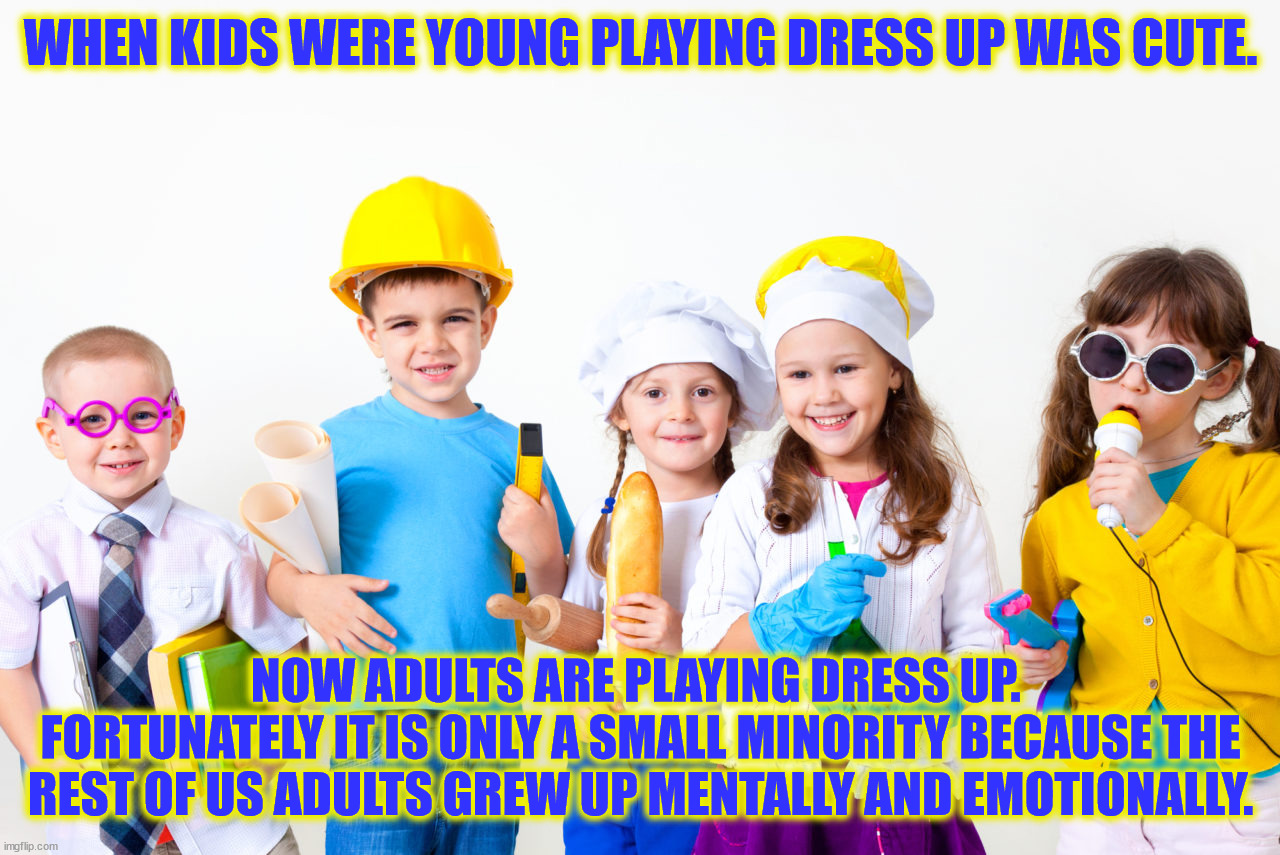 WHEN KIDS WERE YOUNG PLAYING DRESS UP WAS CUTE. NOW ADULTS ARE PLAYING DRESS UP.  FORTUNATELY IT IS ONLY A SMALL MINORITY BECAUSE THE REST O | made w/ Imgflip meme maker