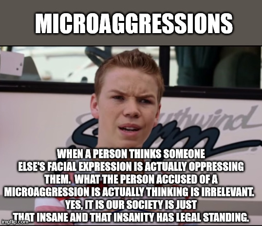 How do I get off this planet?  The lunatics have taken over. | MICROAGGRESSIONS; WHEN A PERSON THINKS SOMEONE ELSE'S FACIAL EXPRESSION IS ACTUALLY OPPRESSING THEM.  WHAT THE PERSON ACCUSED OF A MICROAGGRESSION IS ACTUALLY THINKING IS IRRELEVANT.  
YES, IT IS OUR SOCIETY IS JUST THAT INSANE AND THAT INSANITY HAS LEGAL STANDING. | image tagged in microaggression,perception trumps reality,insecurity has legal standing | made w/ Imgflip meme maker