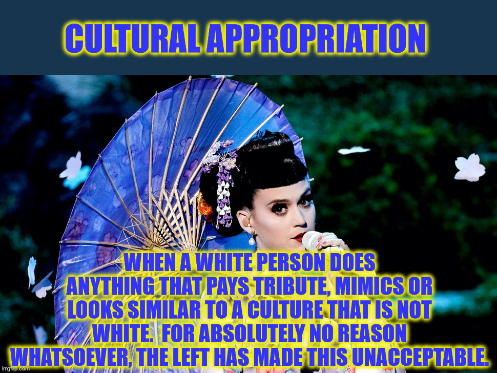 What happens if a person is half white and have non-white.  Is one half constantly culturally appropriating from the other half? | CULTURAL APPROPRIATION; WHEN A WHITE PERSON DOES ANYTHING THAT PAYS TRIBUTE, MIMICS OR LOOKS SIMILAR TO A CULTURE THAT IS NOT WHITE.  FOR ABSOLUTELY NO REASON WHATSOEVER, THE LEFT HAS MADE THIS UNACCEPTABLE. | image tagged in cultural appropriation,societal insanity,libralism is a mental disorder | made w/ Imgflip meme maker