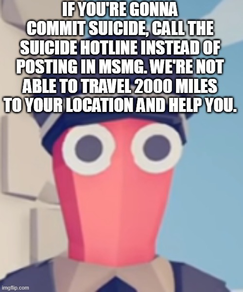 a message specifically for emo_snake, and one that people will attack me for | IF YOU'RE GONNA COMMIT SUICIDE, CALL THE SUICIDE HOTLINE INSTEAD OF POSTING IN MSMG. WE'RE NOT ABLE TO TRAVEL 2000 MILES TO YOUR LOCATION AND HELP YOU. | image tagged in tabs stare | made w/ Imgflip meme maker