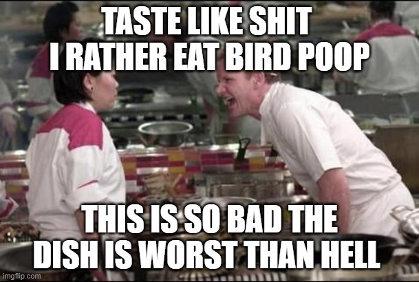 Angry Chef Gordon Ramsay |  TASTE LIKE SHIT  I RATHER EAT BIRD POOP; THIS IS SO BAD THE DISH IS WORST THAN HELL | image tagged in memes,angry chef gordon ramsay | made w/ Imgflip meme maker