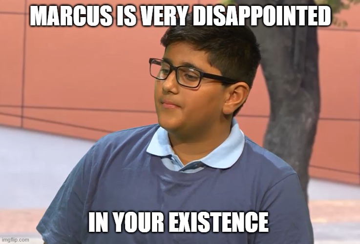 MARCUS disappointed in your existence | MARCUS IS VERY DISAPPOINTED; IN YOUR EXISTENCE | image tagged in marcus,disappointment | made w/ Imgflip meme maker