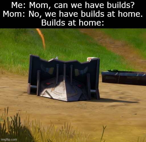 Budget Builds | Me: Mom, can we have builds?
Mom: No, we have builds at home.
Builds at home: | image tagged in fortnite,fortnite chapter 3 | made w/ Imgflip meme maker
