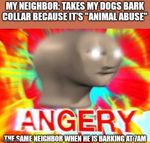 Also it's not a shock bark collar it just vibrates | MY NEIGHBOR: TAKES MY DOGS BARK COLLAR BECAUSE IT'S "ANIMAL ABUSE"; THE SAME NEIGHBOR WHEN HE IS BARKING AT 7AM | image tagged in surreal angery | made w/ Imgflip meme maker